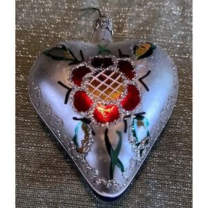 Polish Blown Glass Heart Christmas Ornament Red Floral Silver Glitter Painted